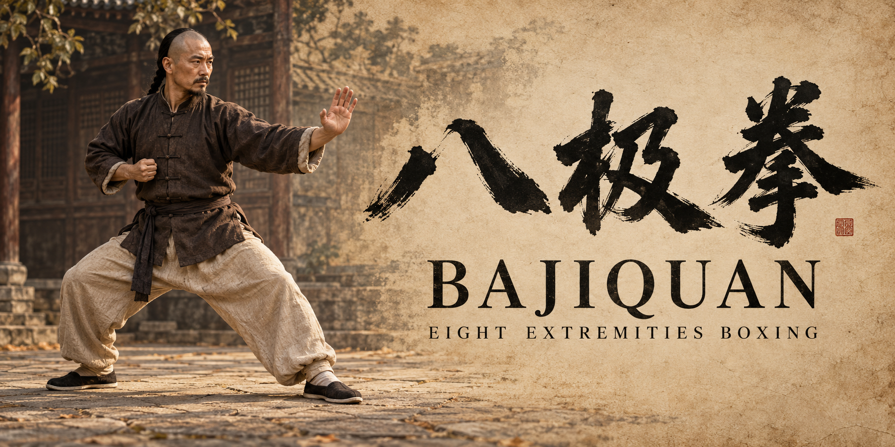 Original realistic artwork of a fictional Qing-era-inspired martial artist with 八极拳 brush calligraphy.